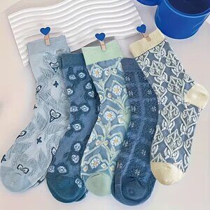 Vintage Floral Textured, Retro Style Socks,  Mid Calf For Women *5 Pairs